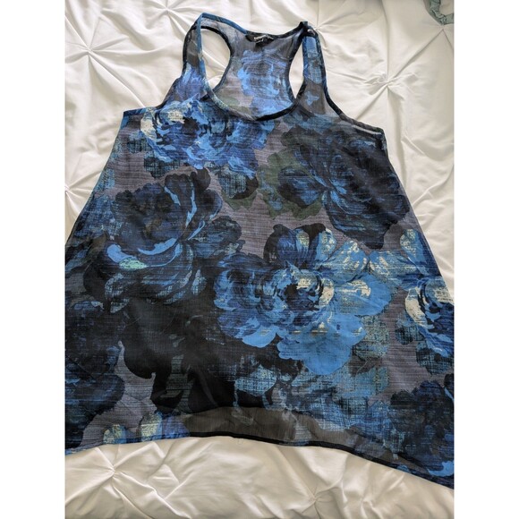 Express Top Womens L Blue Floral Watercolor Sheer Racerback Blouse Tank Coverup - Picture 10 of 12